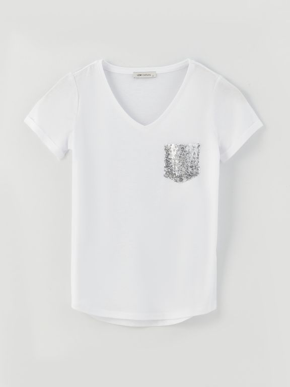 V-Neck Sequin Embroidered Short Sleeve Women's T-Shirt