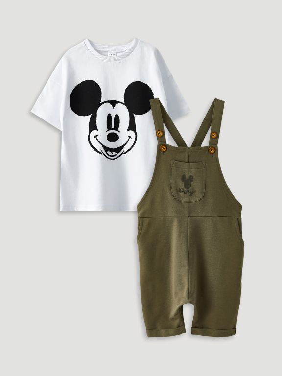 Crew Neck Short Sleeve Mickey Mouse Printed T-Shirt and Salopet Baby Boy 2 Set