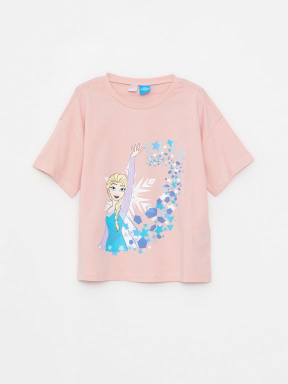 Crew Neck Elsa Printed Short Sleeve Girl's Pajamas Set