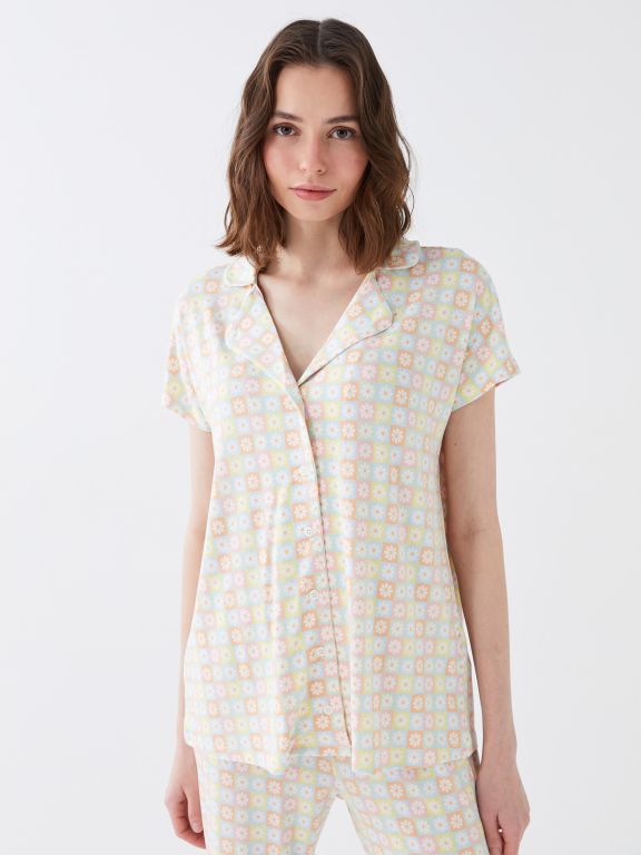 Shirt Collar Patterned Short Sleeve Women's Pajamas Set