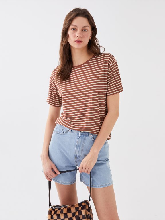 Women's Crew Neck Striped Short Sleeve T-Shirt