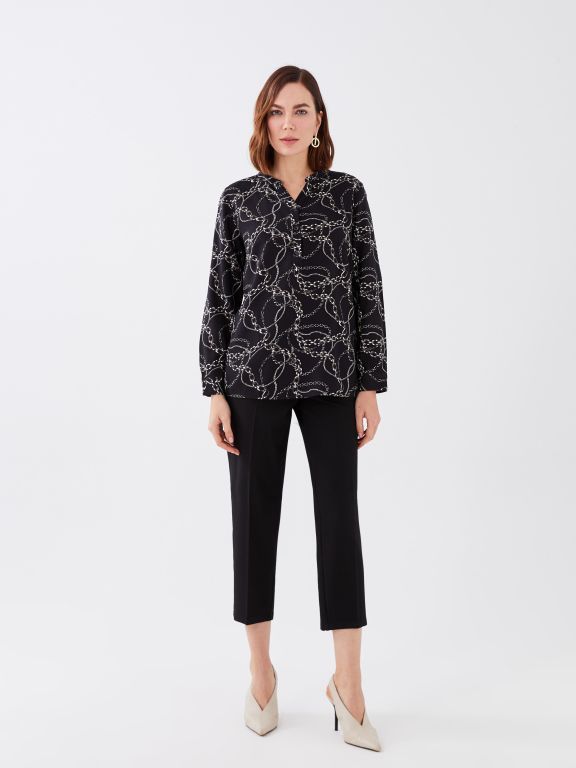 Henley Neckline Patterned Long Sleeve Women's Blouse