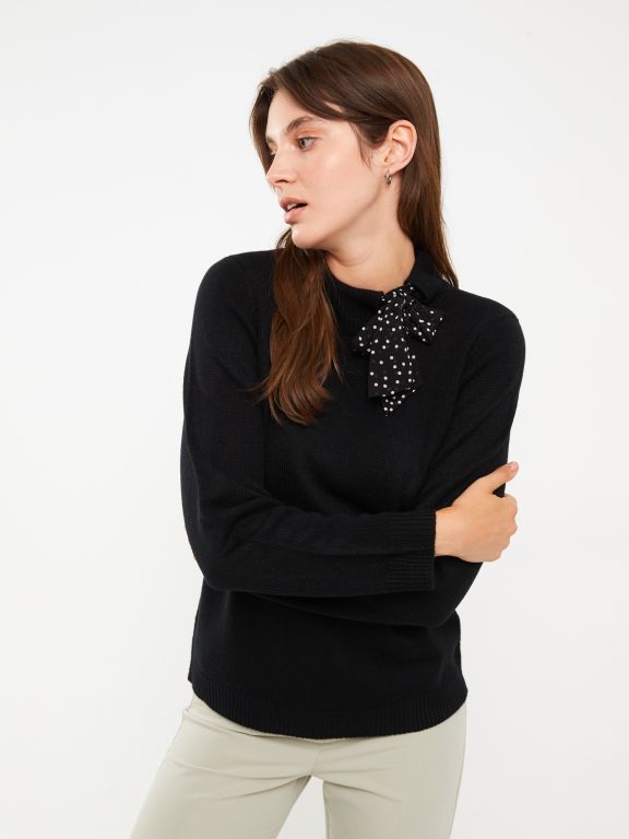 Tie Collar Straight Long Sleeve Women's Knitwear Sweater