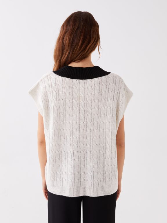 V-Collar Self-Patterned Oversized Women's Sweater