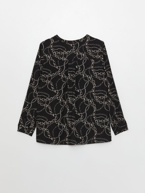 Henley Neckline Patterned Long Sleeve Women's Blouse