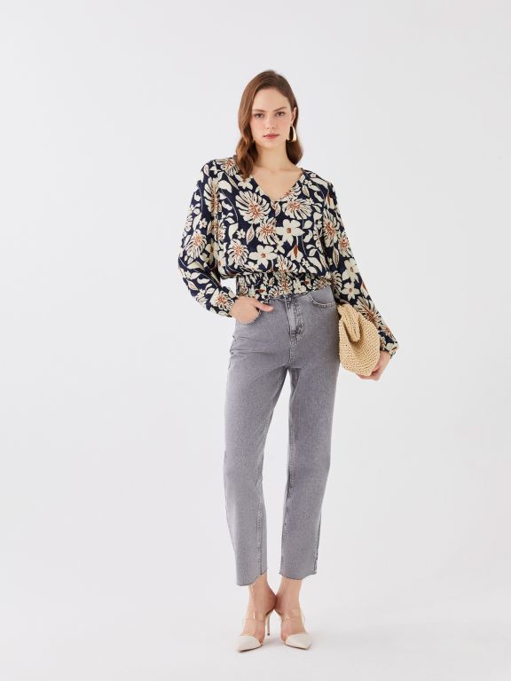 Women's V-Neck Floral Long Sleeve Blouse