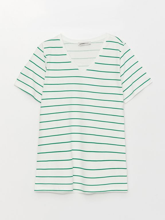 V Neck Striped Short Sleeve Women T-Shirt