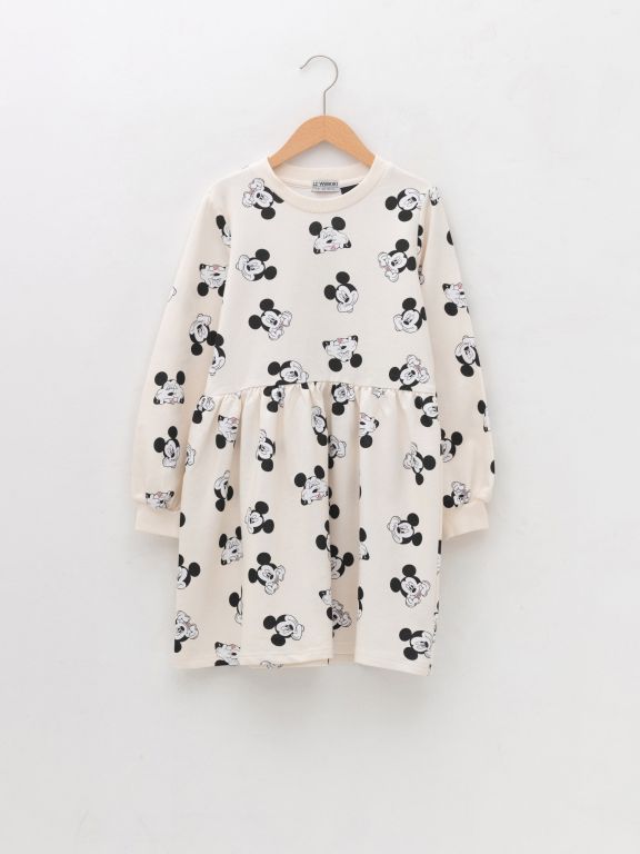 Crew Neck Mickey Mouse Printed Long Sleeve Girl Dress