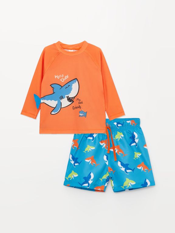 Crew Neck Long Sleeve Printed Baby Boy Swimwear Set