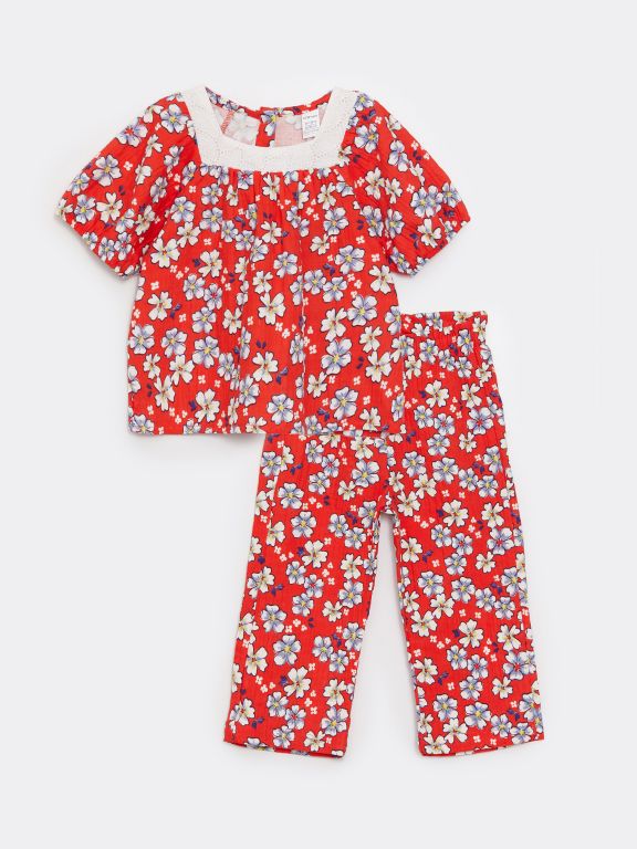 Square Collar Short Sleeve Patterned Baby Girl Blouse and Pants 2-Pack Set