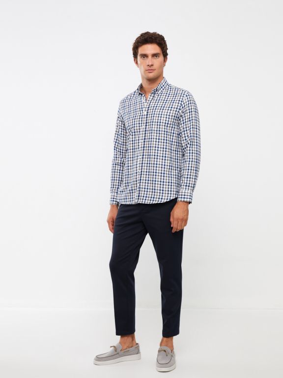 Regular Fit Long Sleeve Plaid Gabardine Men's Shirt