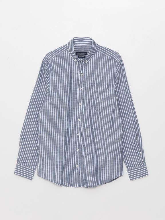 Regular Fit Long Sleeve Striped Poplin Men's Shirt