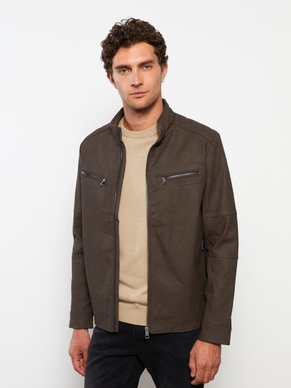 Standard Fit Turtle Neck Men's Faux Leather Jacket