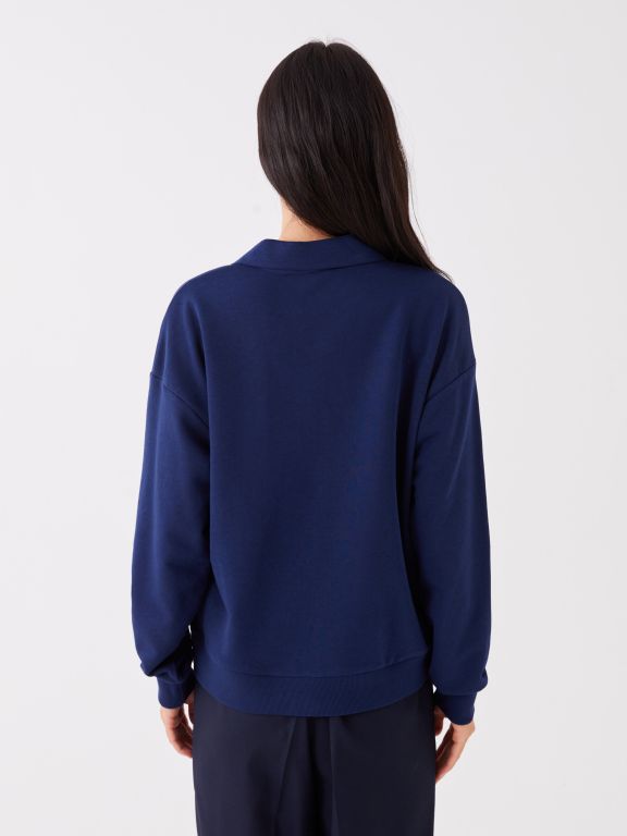 Polo Neck Printed Long Sleeve Oversize Women's Sweatshirt