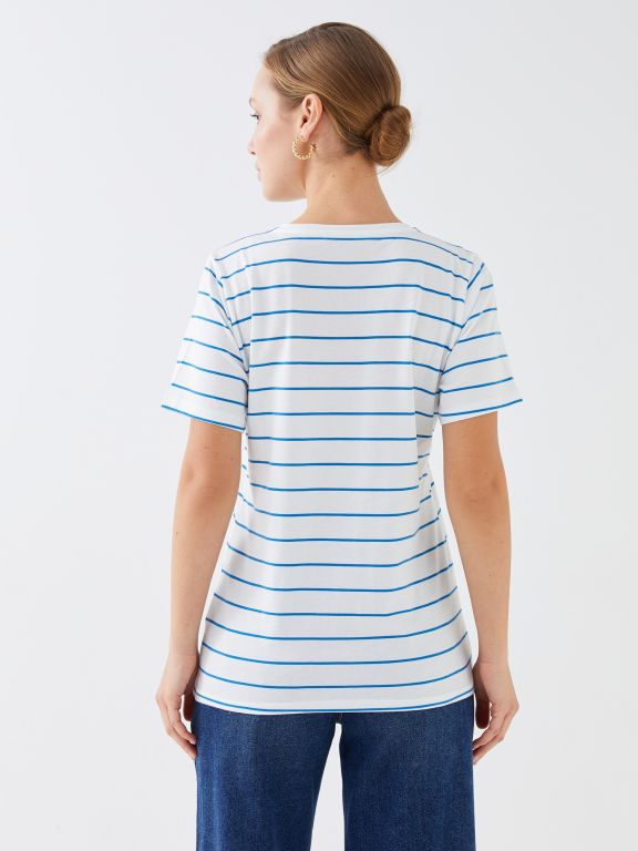 V Neck Striped Short Sleeve Women T-Shirt