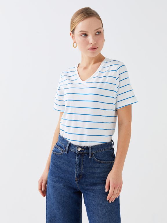 V Neck Striped Short Sleeve Women T-Shirt