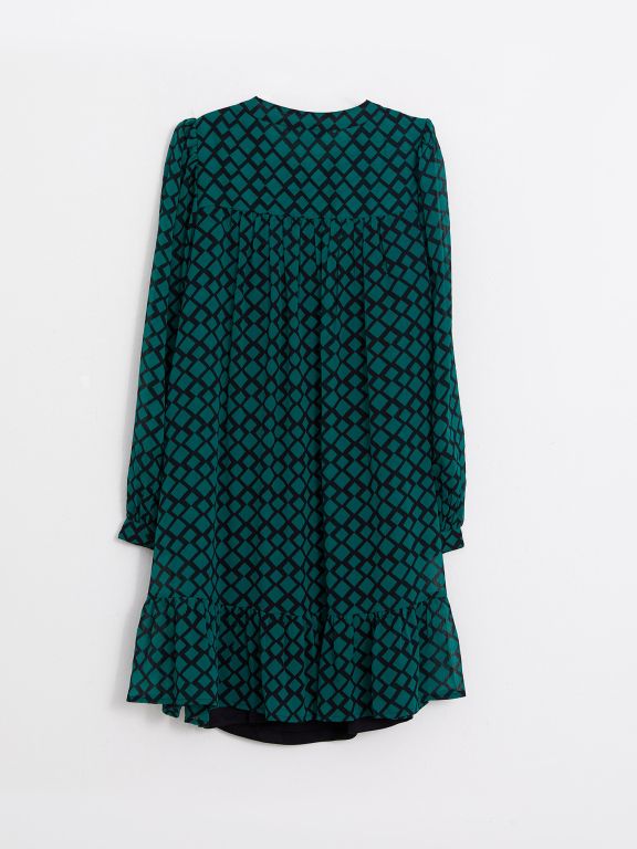 Crew Neck Patterned Long Sleeve Chiffon Women's Dress