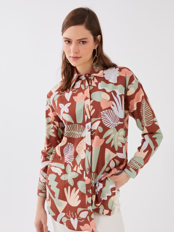 Shirt Collar Patterned Long Sleeve Women's Poplin Tunic