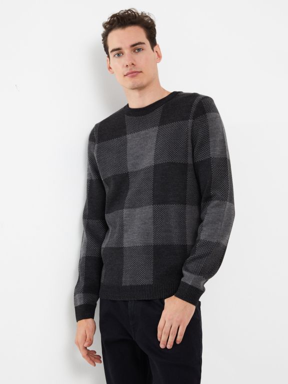 Crew Neck Long Sleeve Plaid Men's Tricot Sweater
