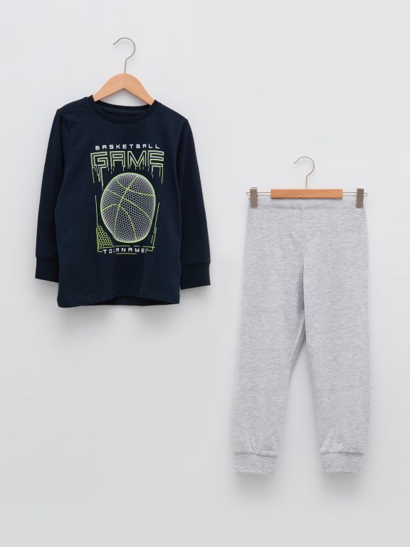 Crew Neck Printed Long Sleeve Boy Pajama Set