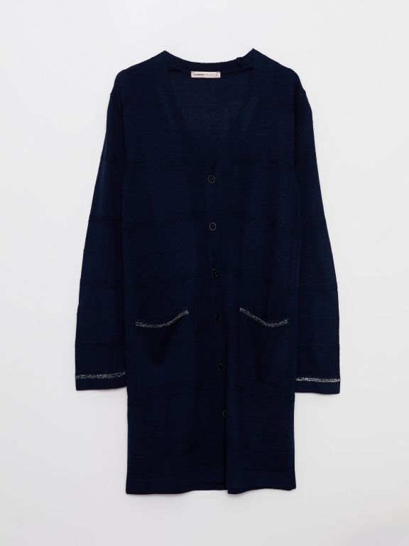 V Neck Self Patterned Long Sleeve Women's Tricot Cardigan