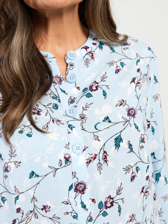 Crew Neck Flower Long Sleeve Viscose Women's Blouse