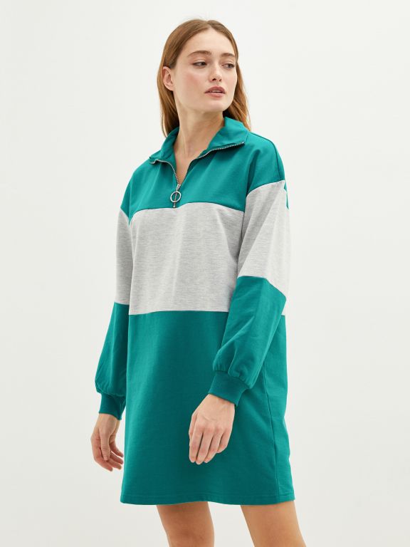 Turtle Neck Long Sleeve Women's Dress with Color Block