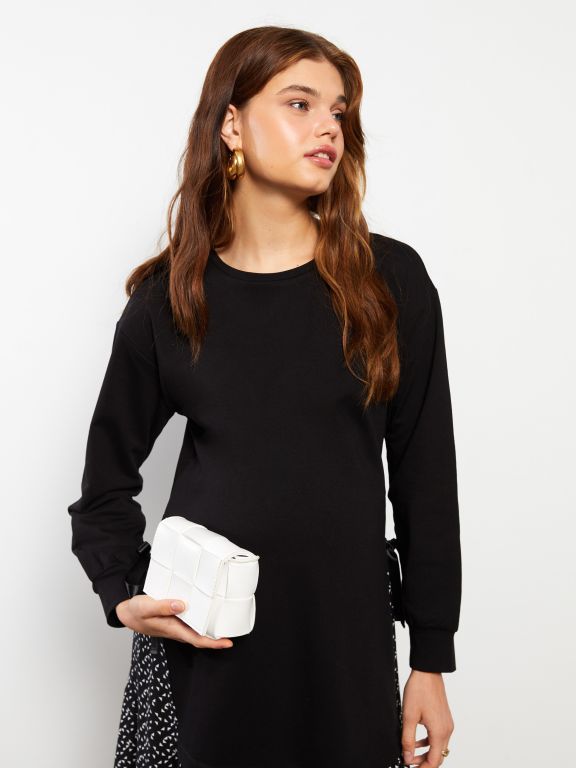 Crew Neck Patterned Long Sleeve Maternity Dress
