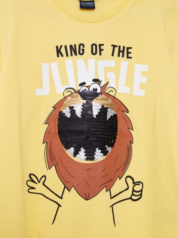 Crew Neck Printed Double Sided Sequined Short Sleeve Cotton Boy T-Shirt
