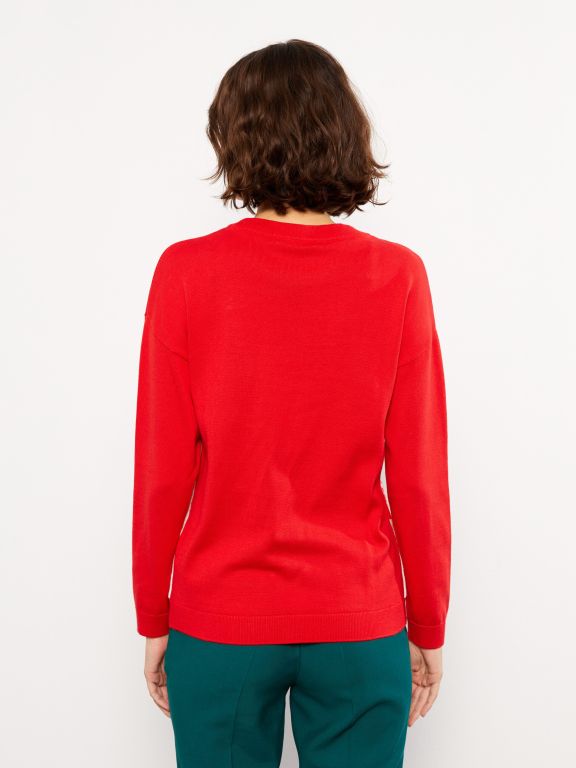Crew Neck Printed Long Sleeve Women's Tricot Sweater