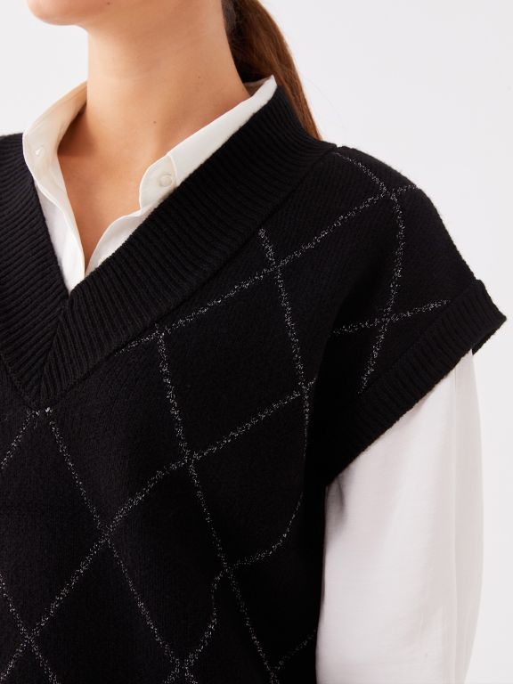 V-Neck Patterned Oversize Women Knitwear Sweater