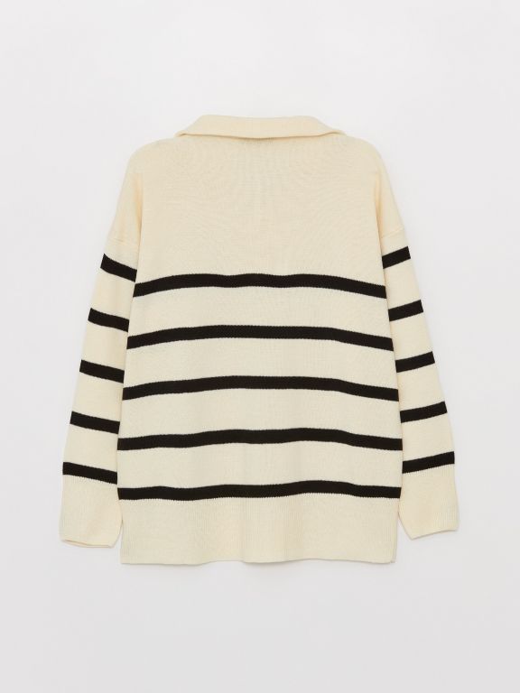 Jacket Collar Striped Long Sleeve Oversized Women's Knit Sweater