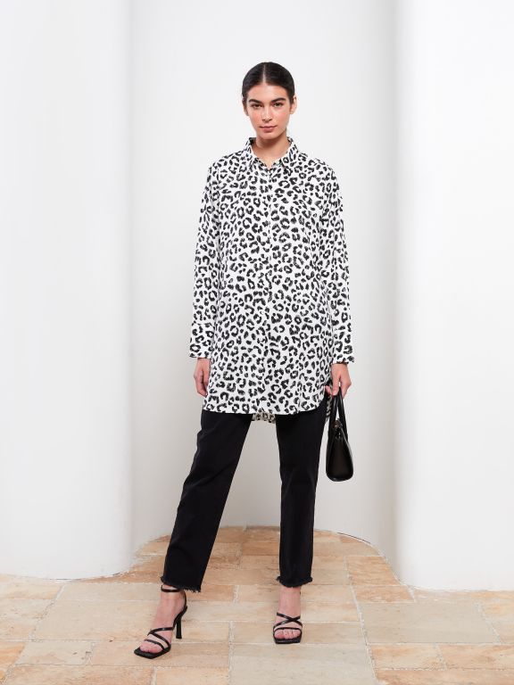 Shirt Neck Patterned Long Sleeve Oversize Viscose Women's Tunic