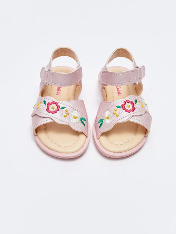 Floral Embroidered Velcro Closure Baby Girl Sandals