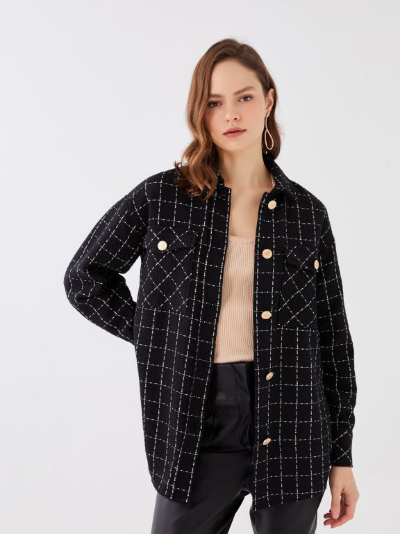 Patterned Long Sleeve Tweed Oversize Women's Shirt Jacket