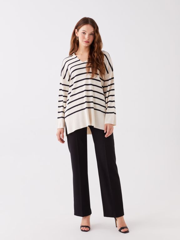 Polo Neck Striped Long-Sleeve Oversized Women's Knitwear Sweater