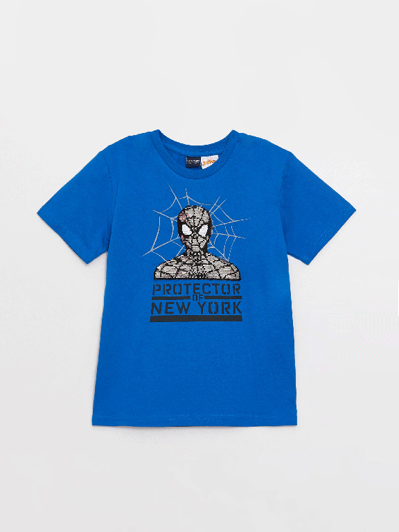 Crew Neck Spiderman Printed Double Sided Sequined Short Sleeve Boy T-Shirt
