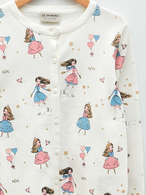 Crew Neck Patterned Long Sleeve Girl Tricot Cardigan