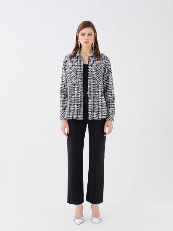 Patterned Long Sleeve Oversize Tweed Women's Shirt Jacket