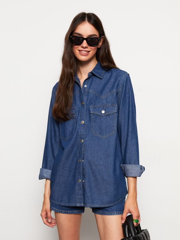Front Button Closure Straight Long Sleeve Women's Jean Shirt
