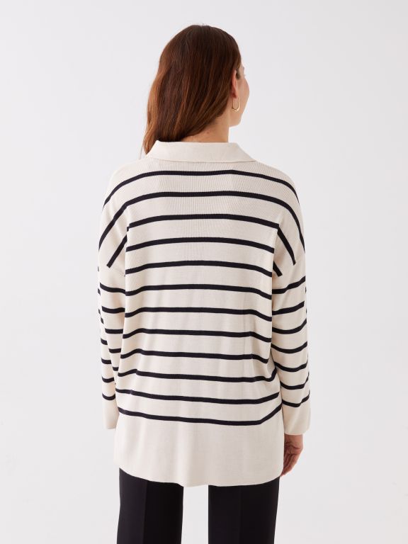 Polo Neck Striped Long-Sleeve Oversized Women's Knitwear Sweater