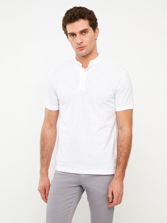 Grandad Collar Short Sleeve Patterned Piqué Men's T-Shirt