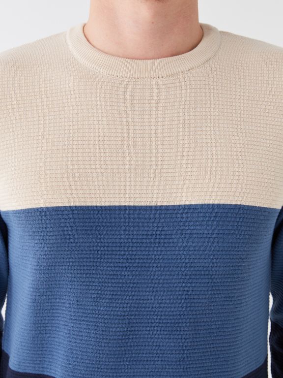 Crew Neck Long Sleeve Men's Tricot Sweater with Color Block