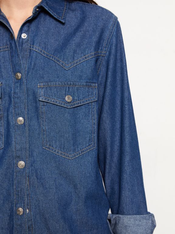 Front Button Closure Straight Long Sleeve Women's Jean Shirt