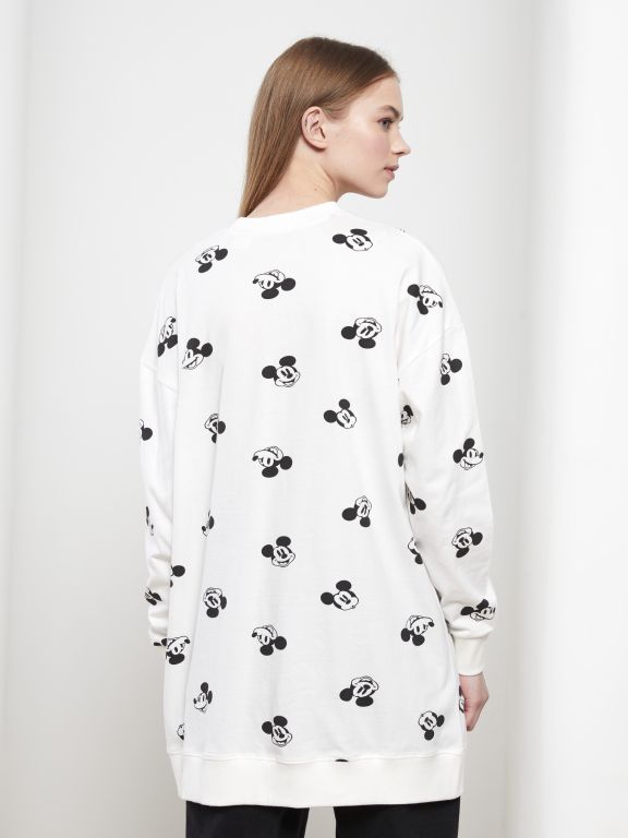 Crew Neck Mickey Mouse Printed Long Sleeve Oversize Cotton Women's Tunic