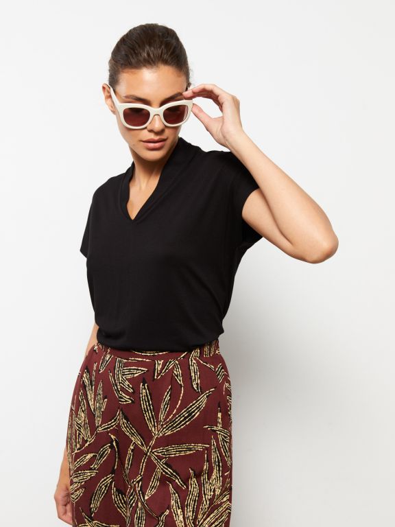 V Neck Straight Short Sleeve Women Blouse