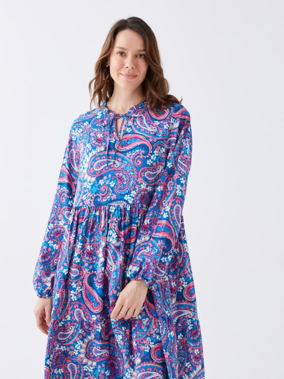 Tie Collar Patterned Long Sleeve Women's Shirt Dress