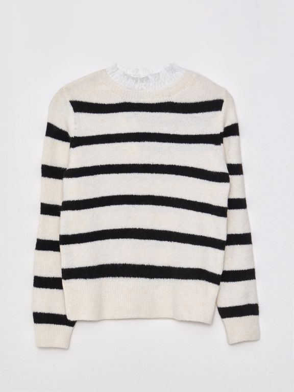 Ruffle Turtle Neck Striped Long Sleeve Women's Tricot Sweater