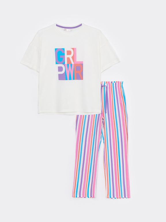 Crew Neck Printed Short Sleeve Women's Pajama Set