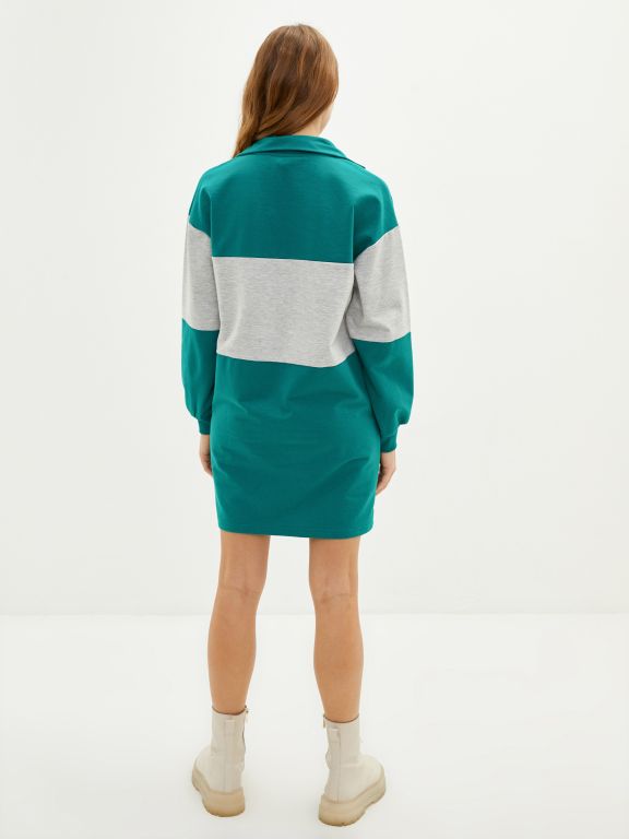 Turtle Neck Long Sleeve Women's Dress with Color Block